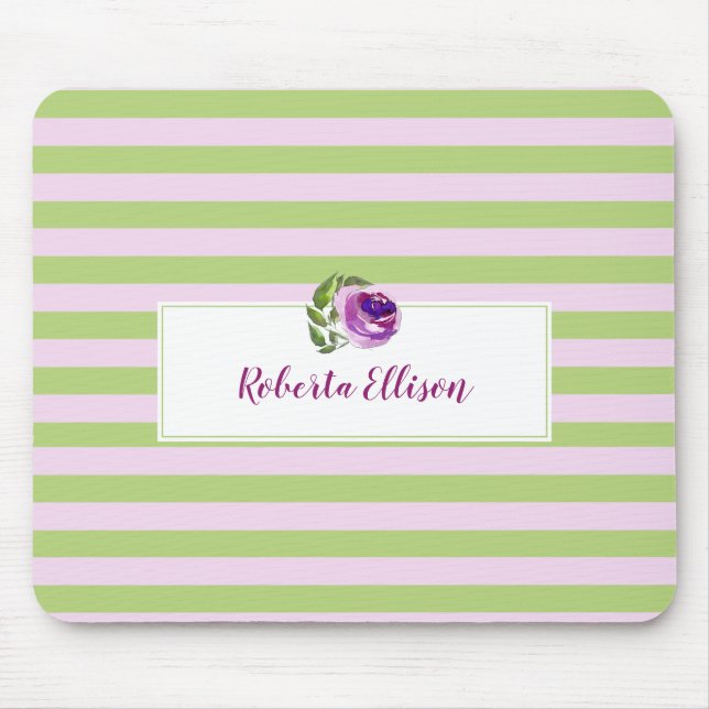 Personalized Floral Green Lilac Horizontal Stripes Mouse Mat (Front)