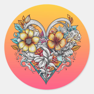 Personalized Floral Heart Romantic Classic Round Sticker
