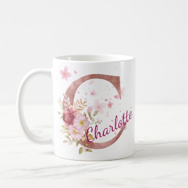 Personalized Floral Initial Mug – Letter C (Left)
