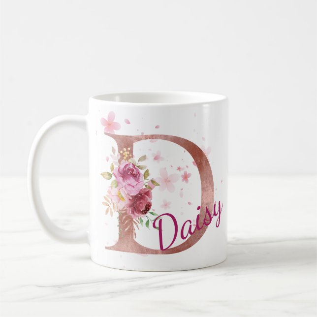 Personalized Floral Initial Mug – Letter D (Left)