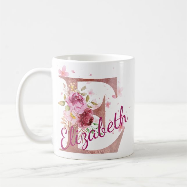 Personalized Floral Initial Mug – Letter E (Left)