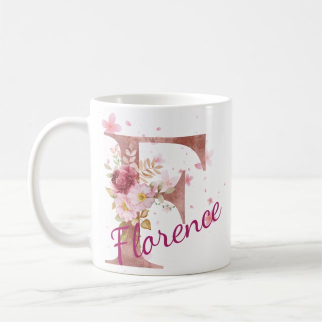Personalized Floral Initial Mug – Letter F (Left)
