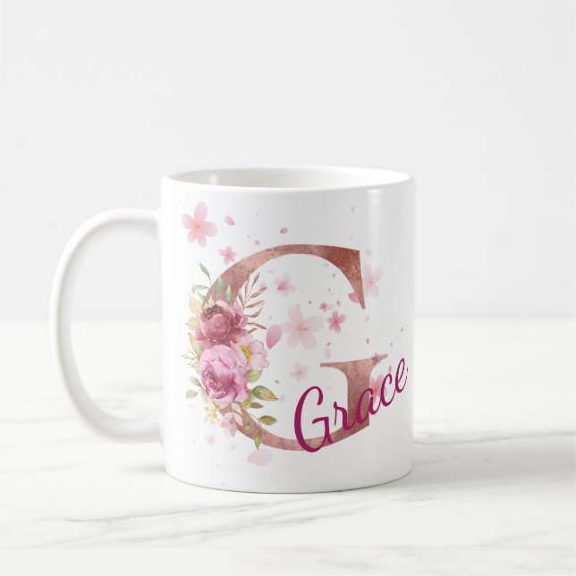 Personalized Floral Initial Mug – Letter G (Left)