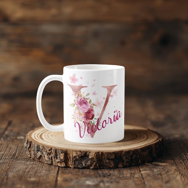 Personalized Floral Initial Mug – Letter V (Creator Uploaded)