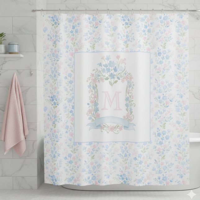 Personalized Floral Monogram Shower Curtain (elegant girly preppy grandmillennial floral crest shower curtain with custom monogram initial)