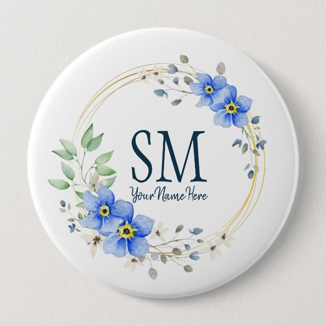Personalized Floral Monogram Wild Blue Flowers 10 Cm Round Badge (Front)