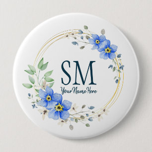 Personalized Floral Monogram Wild Blue Flowers 10 Cm Round Badge