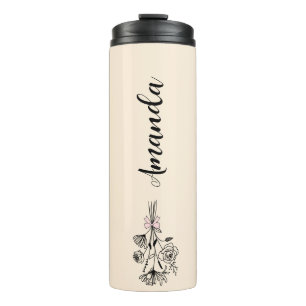 Personalized Floral Name Birth Month Flower Beige Thermal Tumbler