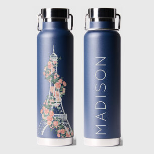 Personalized Floral Paris Eiffel Tower Navy Blue Water Bottle