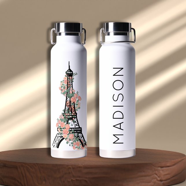 Personalized Floral Paris Eiffel Tower White Water Bottle (Creator Uploaded)