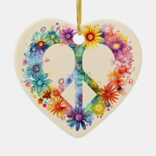 Personalized Floral Peace Symbol Hippie Style Ceramic Tree Decoration
