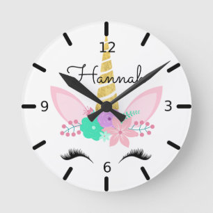 Personalized Floral Smiling Unicorn Round Clock