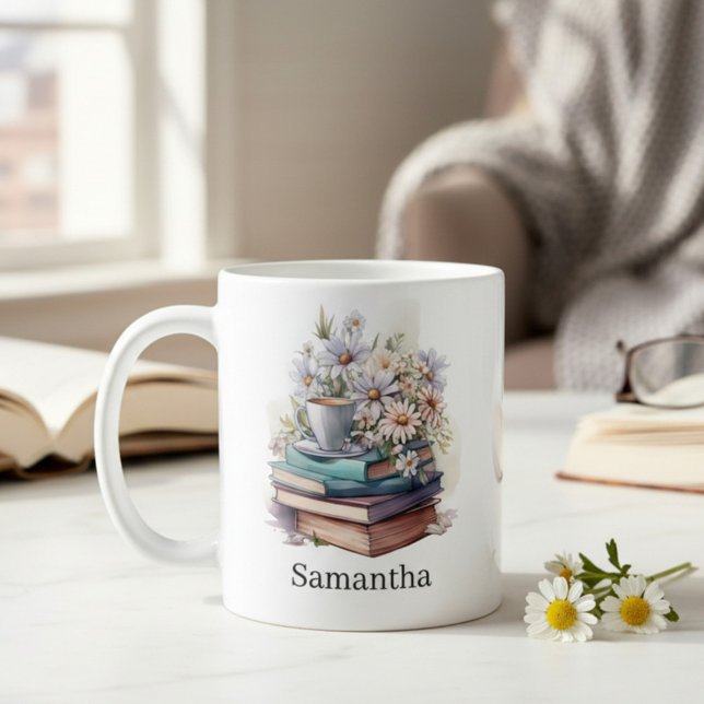 Personalized Floral Stacked Books Coffee Mug (Creator Uploaded)