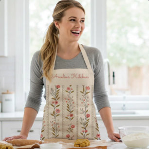 Personalized Floral Stripes Beige Pink Brown Apron