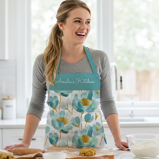 Personalized Floral Watercolor Aqua Gold Apron (Creator Uploaded)