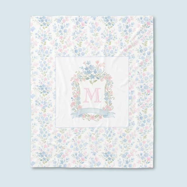 Personalized Floral Watercolor Fleece Blanket (vintage preppy coquette grandmillennial pastel floral fleece blanket with custom monogram initial)