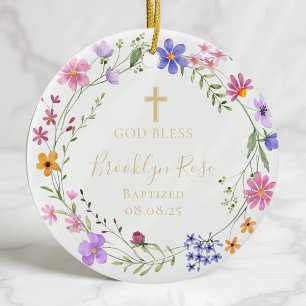 Personalized Floral Wildflower Baptism Photo Ceramic Tree Decoration
