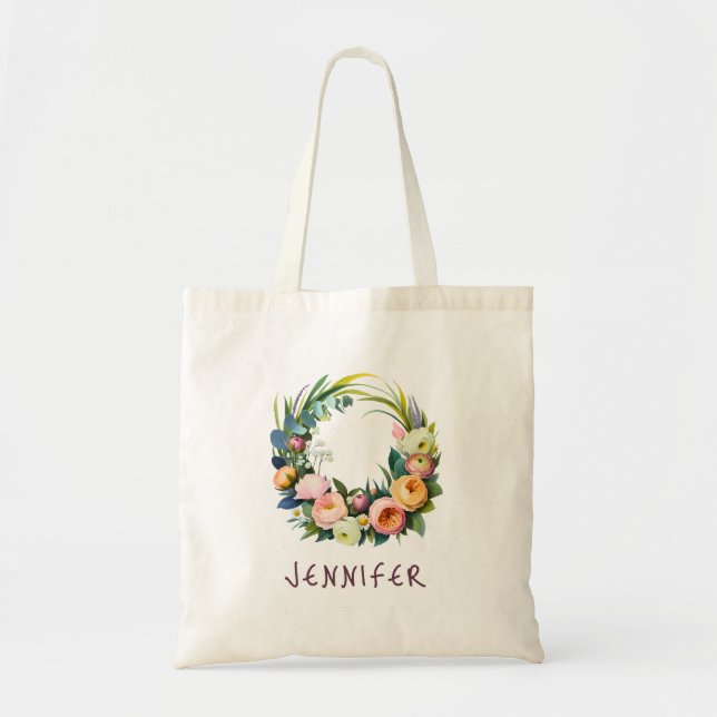 Personalized Floral Wreath Easter Tote Bag (Front)