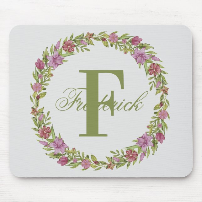 Personalized Floral Wreath Last Name Monogram Mouse Mat (Front)