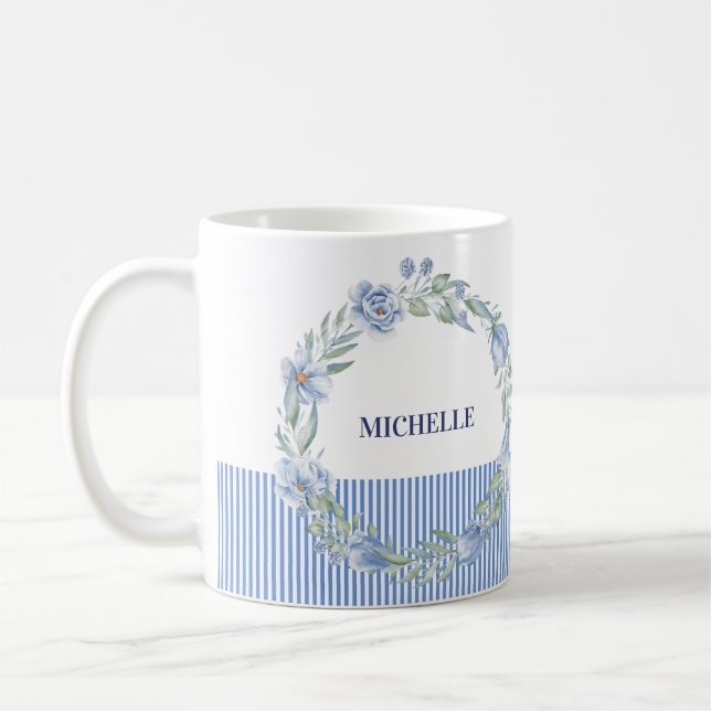 Personalized Floral Wreath Mug with Navy Stripes (Left)