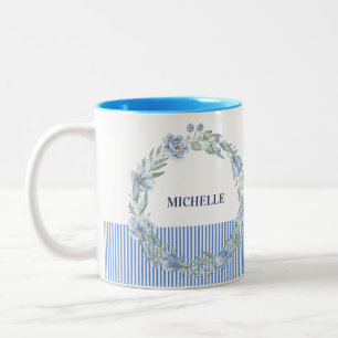 Personalized Floral Wreath Mug with Navy Stripes
