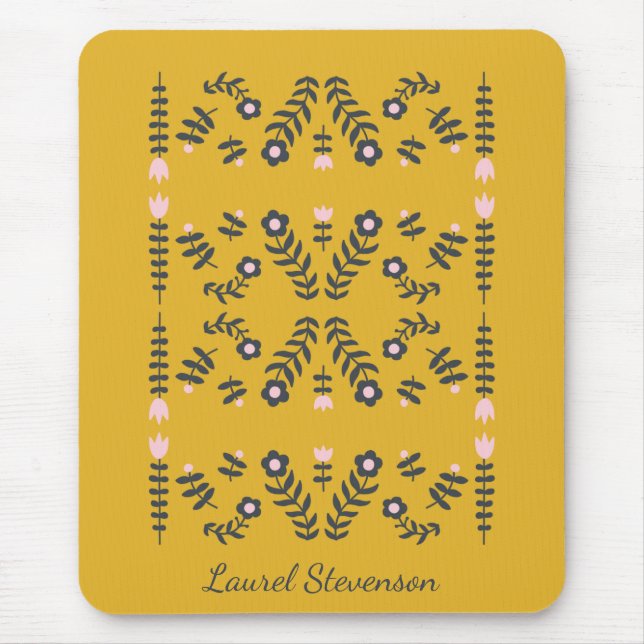 Personalized Folk Art Floral Yellow Modern Stylish Mouse Mat (Front)