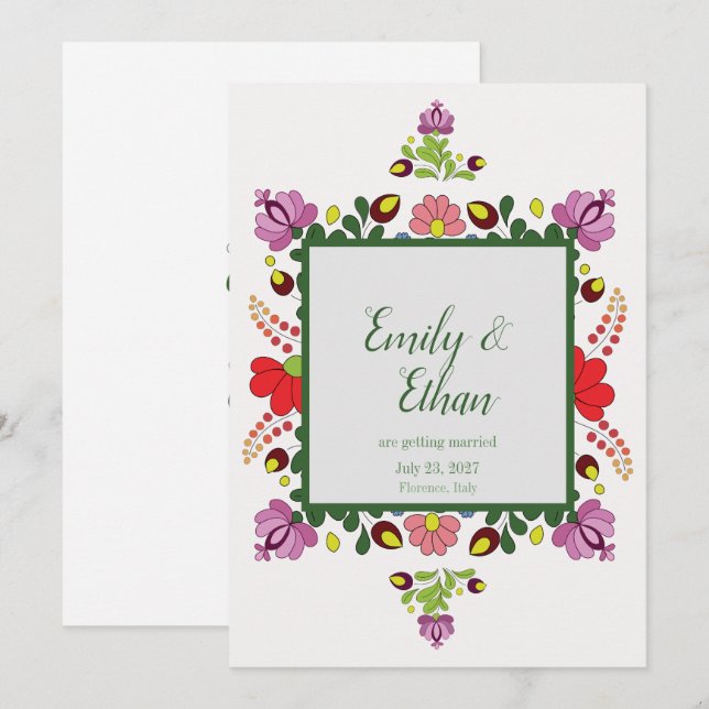 Personalized Folk Floral Wedding & Back Design Invitation (Front/Back)
