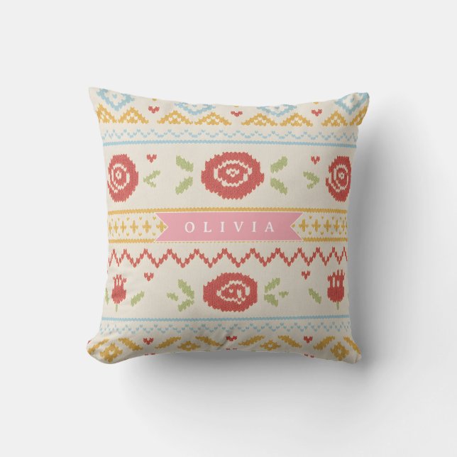 Personalized Folk Nordic Boho Floral Pattern Cushion (Front)