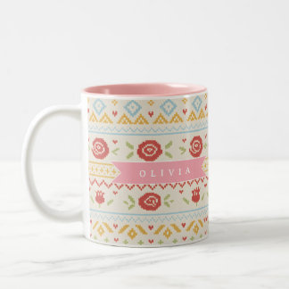 Personalized Folk Nordic Boho Floral Pattern Two-Tone Coffee Mug