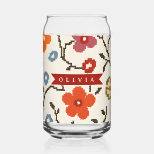 Personalized Folk Scandi Boho Vintage Floral  Can Glass
