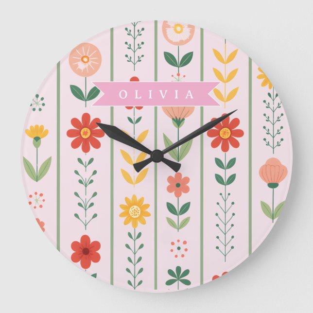 Personalized folk scandinavian floral pattern large clock (Front)