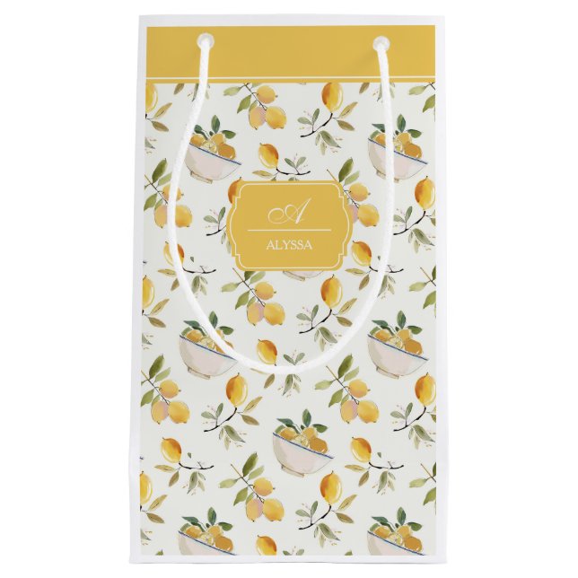 Personalized French Country Lemon Pattern Monogram Small Gift Bag (Front)