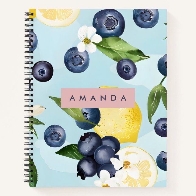 Personalized Fresh Blueberry Lemon Watercolor Notebook (Front)