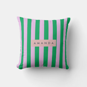 Personalized Fresh Green and Pink Striped Retro Cushion