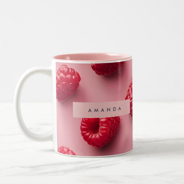 Personalized Fresh Raspberry Pattern on Pink Two-Tone Coffee Mug (Left)