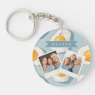 Personalized Fried Egg Pattern Fun Blue Funny Key Ring