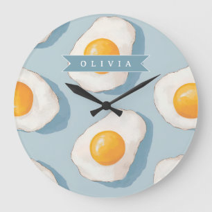 Personalized Fried Egg Pattern Fun Blue Funny  Large Clock