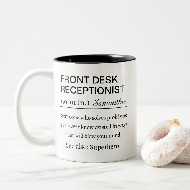 Personalized Front Desk Receptionist Definition Two-Tone Coffee Mug (With Donut)