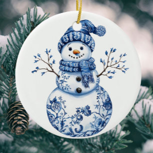 Personalized Fun Chinoiserie Blue White Snowman Ceramic Tree Decoration
