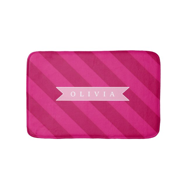 Personalized Fun Cute Modern Pink Stripe Bath Mat (Front)