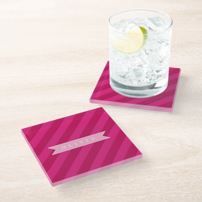 Personalized Fun Cute Modern Pink Stripe Glass Coaster (Angled)