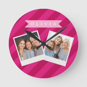 Personalized Fun Cute Modern Pink Stripe Round Clock