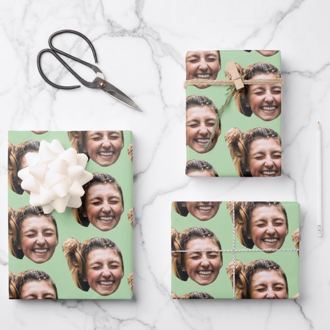Personalized Funny Green Custom Face Photo Girly Wrapping Paper Sheet (Front)