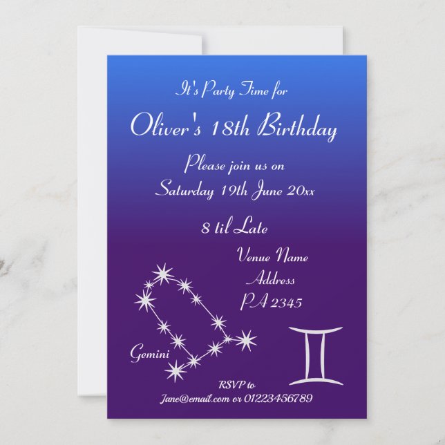 Personalized Gemini Zodiac Galaxy Party Invitation (Front)