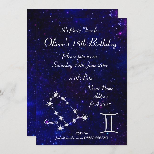 Personalized Gemini Zodiac Galaxy Party Invitation (Front/Back)