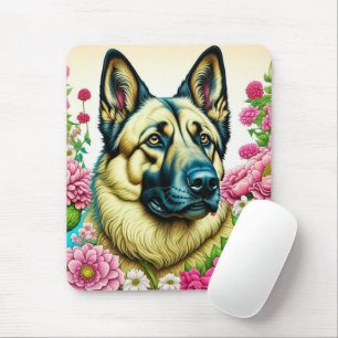 Personalized German Shepherd and Whimsical Flowers Mouse Mat