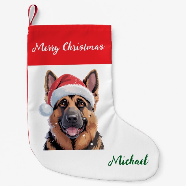 Personalized German Shepherd Dog in Santa Hat      Small Christmas Stocking (Front)