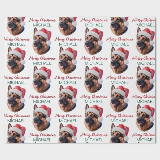Personalized German Shepherd Dog in Santa Hat      Wrapping Paper (Flat)