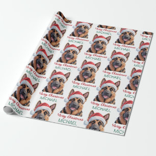 Personalized German Shepherd Dog in Santa Hat Wrapping Paper