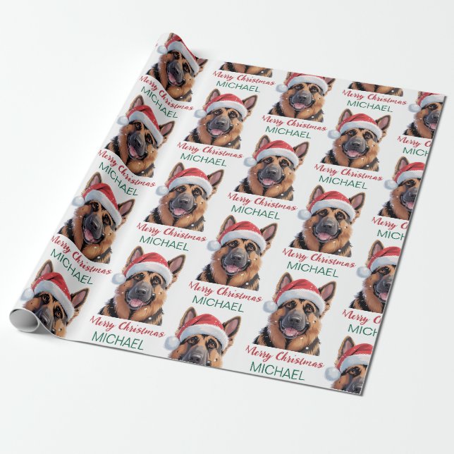 Personalized German Shepherd Dog in Santa Hat      Wrapping Paper (Unrolled)